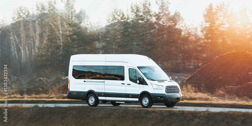 Modern transport van on highway in nature