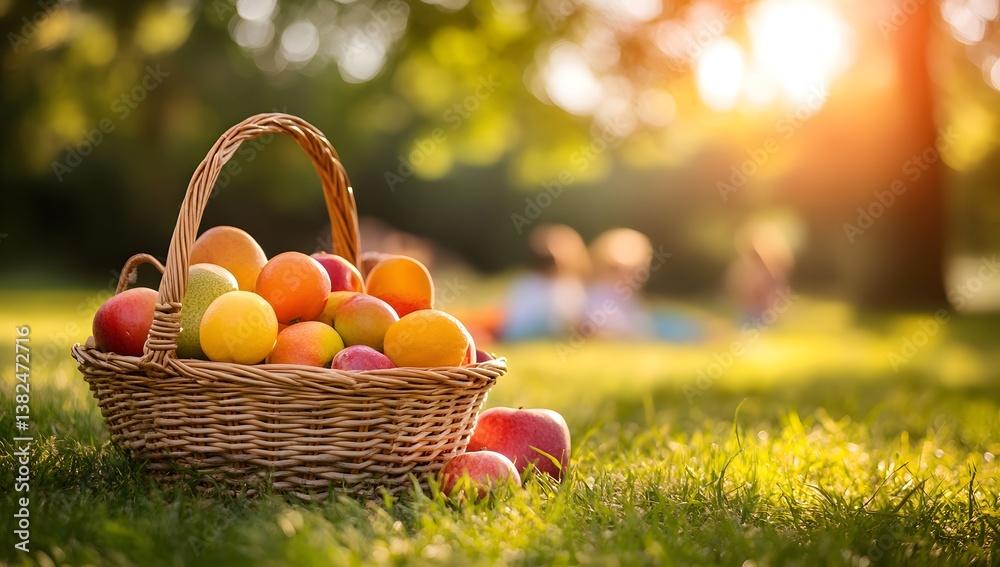 Wicker basket filled with fruit sits on green grass in a sunny park. Wicker basket filled with fruit sits on green grass in a sunny park.