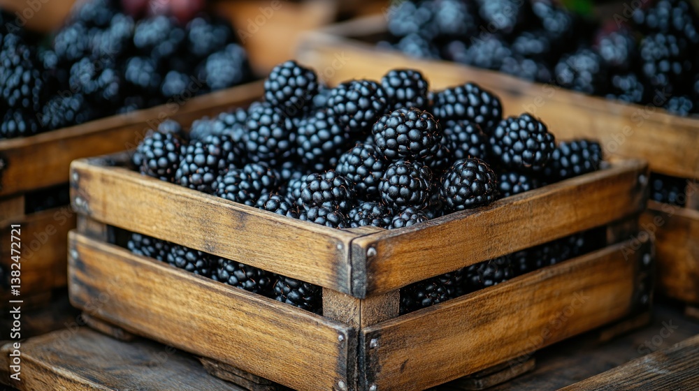 Fresh blackberries in wooden crates
