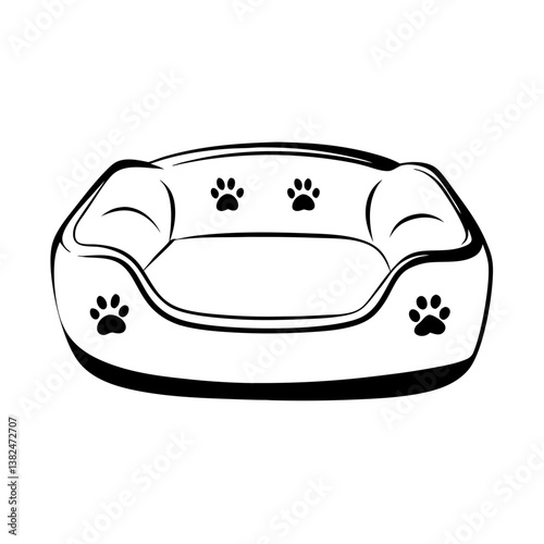 dog bed in black outline with paw print details, pet accessories
