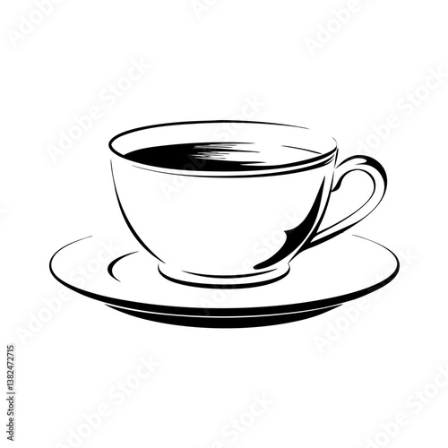 Elegant cup and saucer with hot beverage in black outline on transparent background
