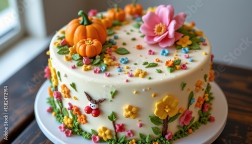 Seasonal Cake Display A cake designed with seasonal elementsâ€”pumpkins for fall, flowers for spring, snowflakes for winter, etc.