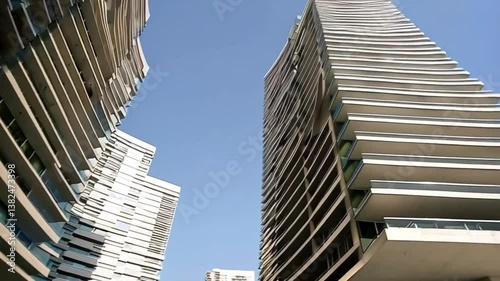 Modern High-Rise Buildings with Curved Balconies Against Blue Sky – Contemporary Urban Architecture with Dynamic Structural Design