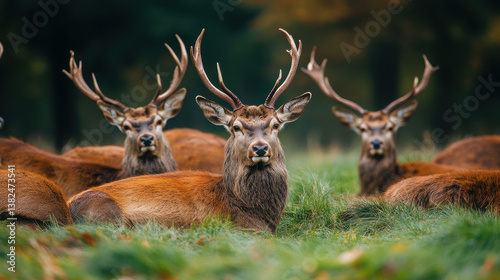 A group of deer resting in a grassy field, showcasing their antlers in a natural setting.