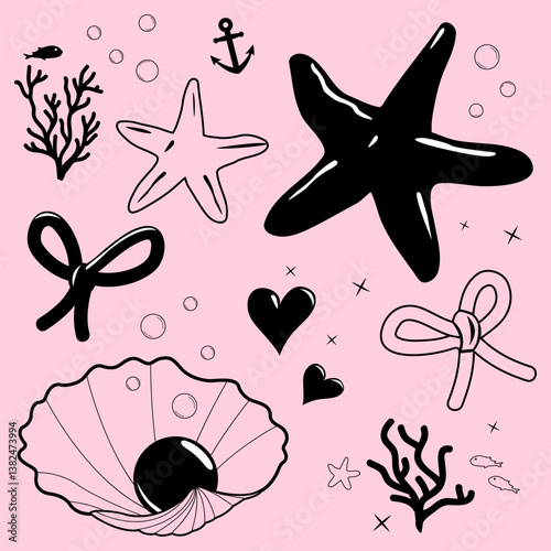 Cute symbols. Trendy coquette coastal aesthetic decorative elements. Girl beach party accessories, bows, starfish, anchor, romantic stylish seashell with pearls, corals and hearts. Vector illustration