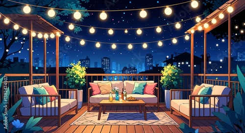 Cozy outdoor terrace with fairy lights at night party scene anime cartoon style illustration artwork design background