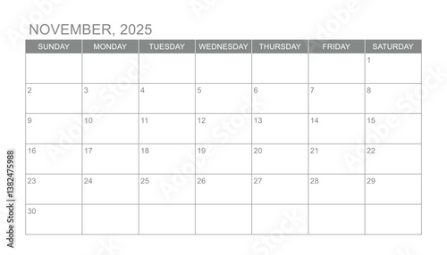 Classic monthly calendar for 2025. week starts on sunday. simple November 2025 calendar template. monthly planner design