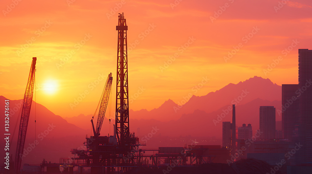 Obraz premium Sunset over industrial landscape featuring drilling rig and cranes silhouetted against vibrant orange sky, evoking sense of tranquility and