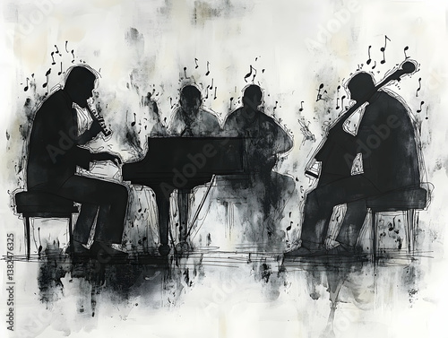 Black and white rendering of a jazz band performing with piano wind and string instruments surrounded by musical notes