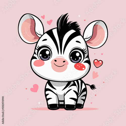 Cute kawaii baby zebra with big sparkling eyes and hearts