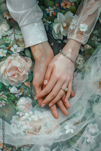 Close-up of newlyweds' hands against a background of flowers and wedding details