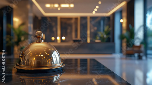 Luxury hotel reception counter with metallic service bell on the front desk, blurred background with staff and interior, representing premium hospitality and customer service