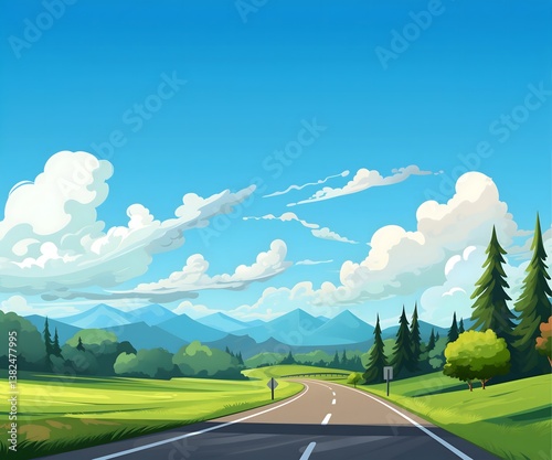 Cartoonish Landscap Highway Road Through Green Hills For Animation Background