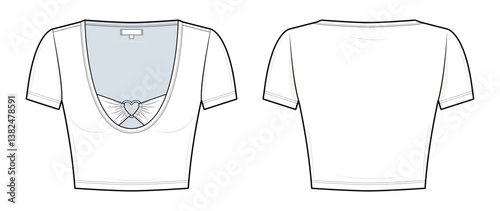 Ruched Heart-Detail Crop Top Technical Fashion Illustration. Short-Sleeve Scoop Neck Tee Vector Template. Front and Back View. Gathered Bust with Heart Accent. Women’s Casual Wear. CAD Mockup Set.