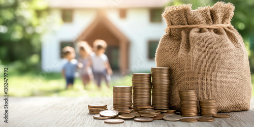 Tax levy representation with family house, coin stacks, and financial obligations