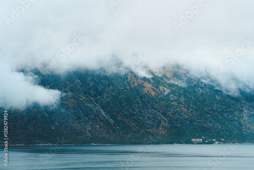 Obraz na płótnie Moody foggy landscape in European fjord bay w salonie