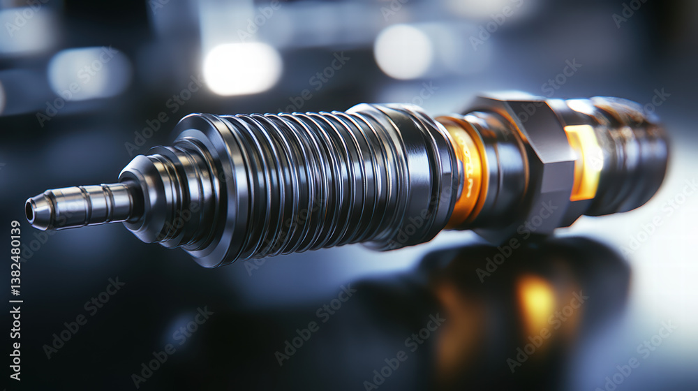 Obraz premium Technological Marvel: Detailed view of a cutting-edge spark plug, showcasing its intricate design and industrial prowess. A celebration of innovation in the realm of engineering and manufacturing.