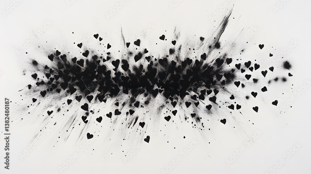 Fototapeta premium Charcoal Drawing of Fireworks Made from Black Hearts on White Background