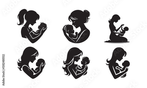Set of mother and child silhouette icon vector on white background
