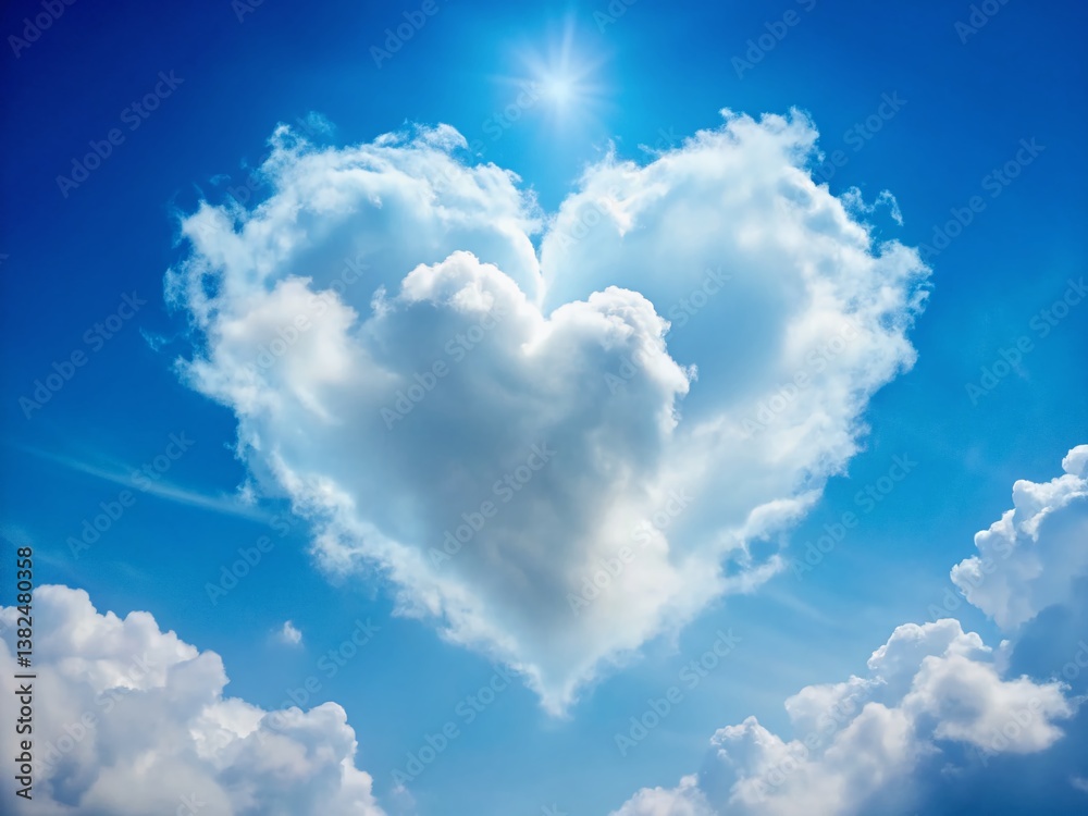 Celestial Love: A cloud shaped like a heart floats gracefully against a backdrop of a bright blue sky, radiating love and serenity. Evokes feelings of love, affection, and emotional connection.