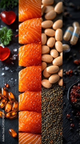 A close up of a variety of foods including fish nuts and other foods nutritional care photo