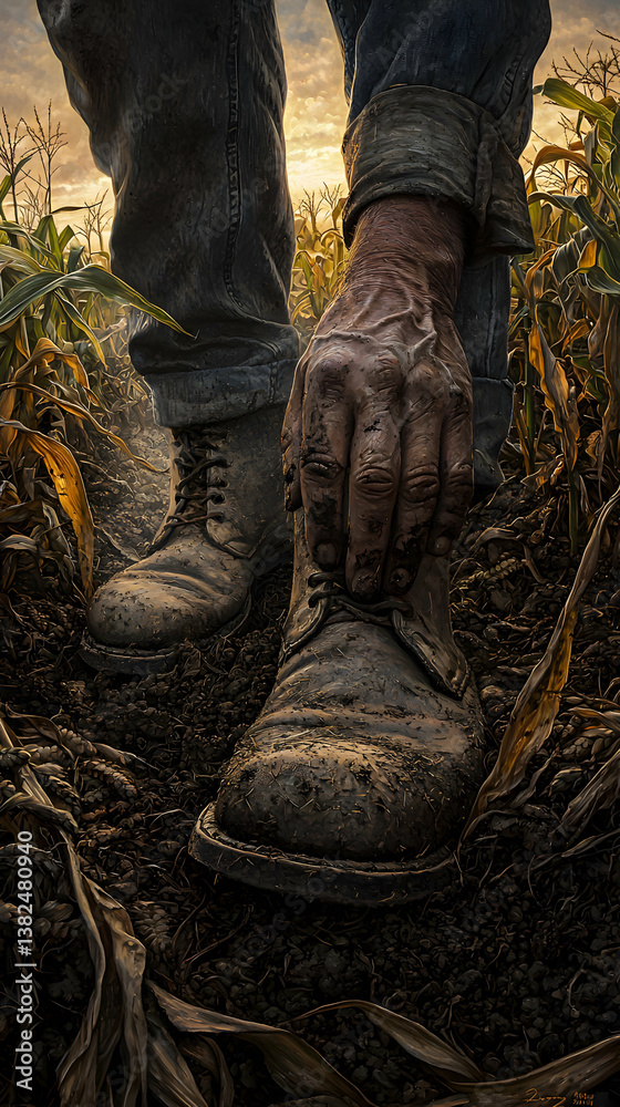 Muddy Boots in a Cornfield at Sunset Muddy Boots in a Cornfield at Sunset