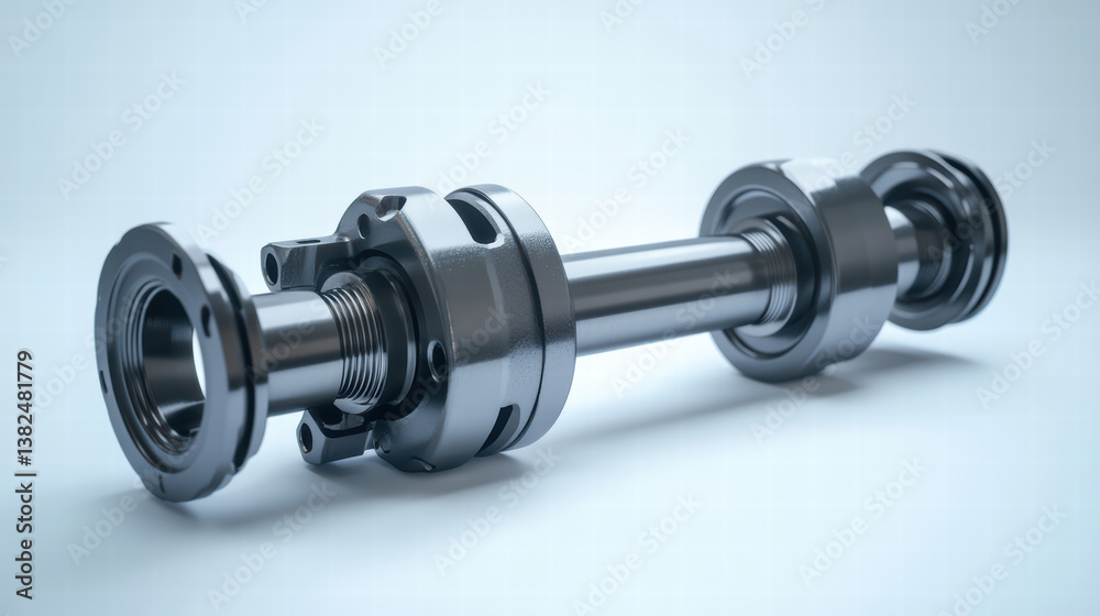 Obraz premium Precision Engineered Shaft Assembly: A close-up of a meticulously crafted shaft assembly, showcasing its intricate details and robust construction. The silver metallic surface reflects light.