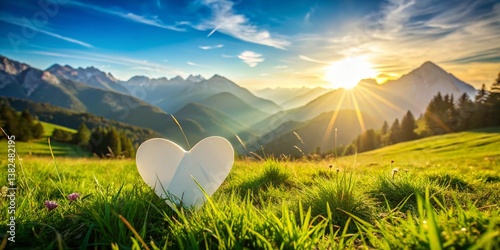 A Heart's Embrace: A heart-shaped element rests in a field of vibrant green grass, bathed in sunlight with a mountain backdrop and a clear sky, symbolizing love, peace, and the beauty of nature.