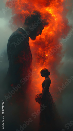 Elegant couple silhouetted against fire and smoke Poignant figures embrace in dramatic emotional scene Dark and fiery