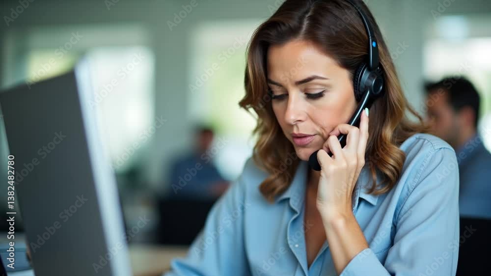 Professional woman with headset providing customer service in a bright office setting Professional woman with headset providing customer service in a bright office setting