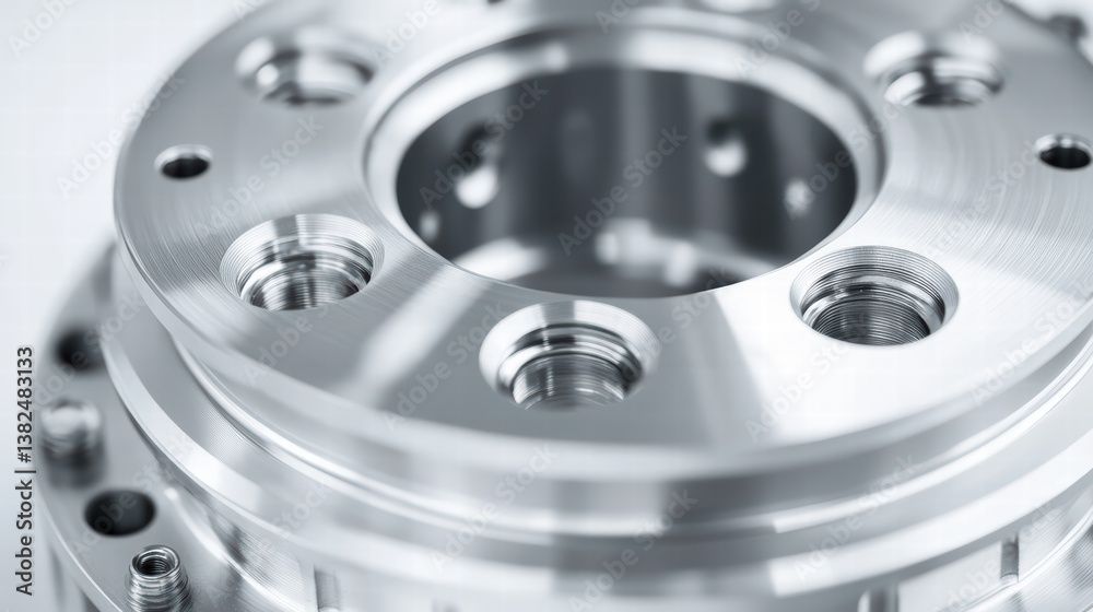 Precision Machined Component: A close-up macro photograph showcasing the intricate details of a precision machined metal component, highlighting the smooth, polished surfaces, precise edges.