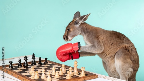 A kangaroo wearing boxing gloves curiously examines a chessboard, blending playful sports imagery with strategic gameplay.