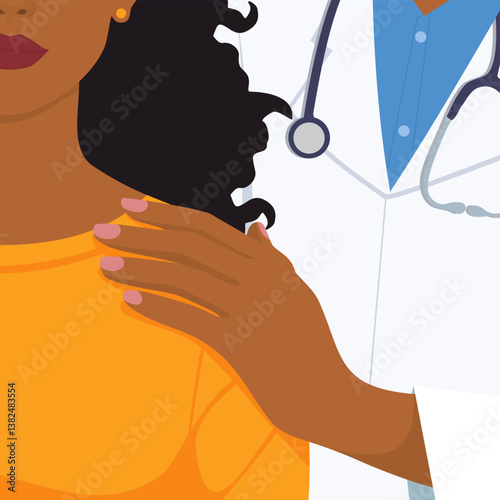 Closeup of hand on shoulder of sad black woman by doctor for support, care and help during grief. Patient with anxiety and depression given empathy after bad news or results from illness at a hospital