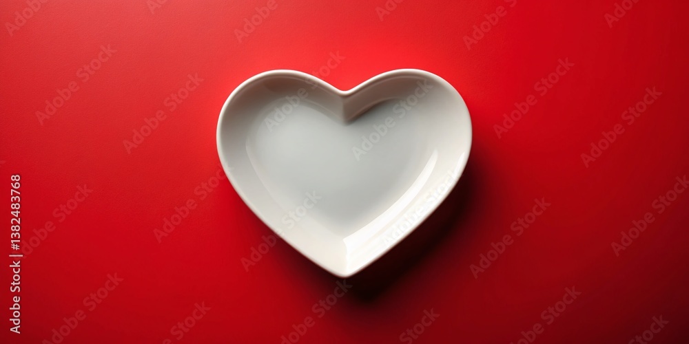 Heart-Shaped Plate on Red: An elegant, heart-shaped white plate rests gracefully on a vibrant red surface, evoking feelings of love, care, and the simplicity of minimalist design. Heart-Shaped Plate on Red: An elegant, heart-shaped white plate rests gracefully on a vibrant red surface, evoking feelings of love, care, and the simplicity of minimalist design.