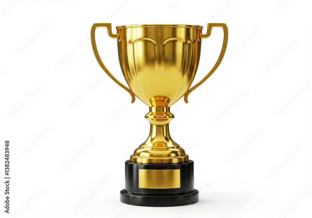 A golden trophy with handles and a black base sits on a white background in a centered composition A golden trophy with handles and a black base sits on a white background in a centered composition
