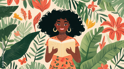 A joyful woman reading a book amidst vibrant tropical plants and flowers.