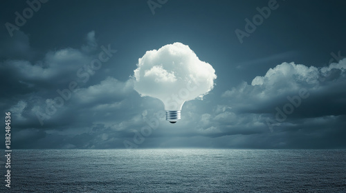 A light bulb shaped cloud floats above a tranquil ocean, symbolizing creativity and ideas.