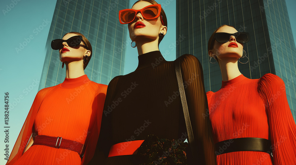 Elegant fashion models in vibrant red dresses and oversized sunglasses pose confidently against modern urban backdrop, exuding style and sophistication