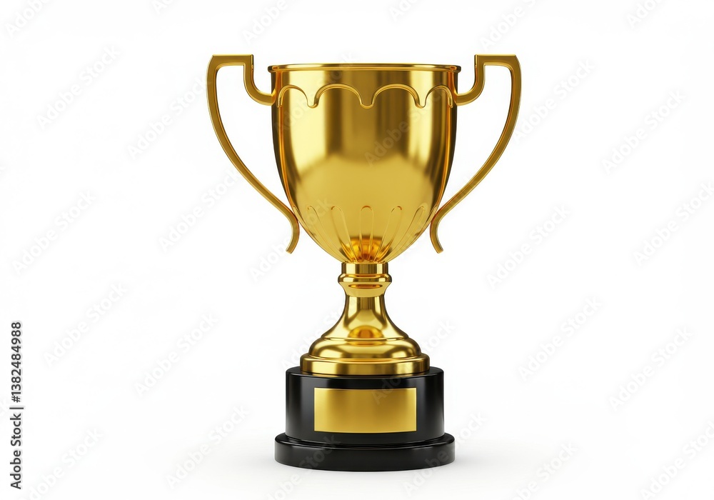 A shiny golden trophy with handles on a black base isolated on a white background in studio shot A shiny golden trophy with handles on a black base isolated on a white background in studio shot