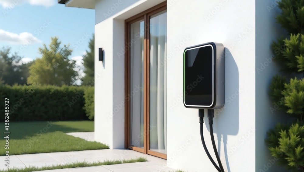 a sleek EV charger mounted on a modern home exterior, showcasing sustainable technology and eco-friendly living a sleek EV charger mounted on a modern home exterior, showcasing sustainable technology and eco-friendly living