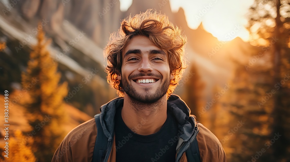Happy hiker smiles in autumn mountains