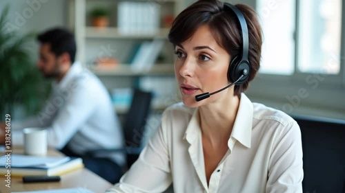 Dedicated female call center agent with headset assisting customers professionally
