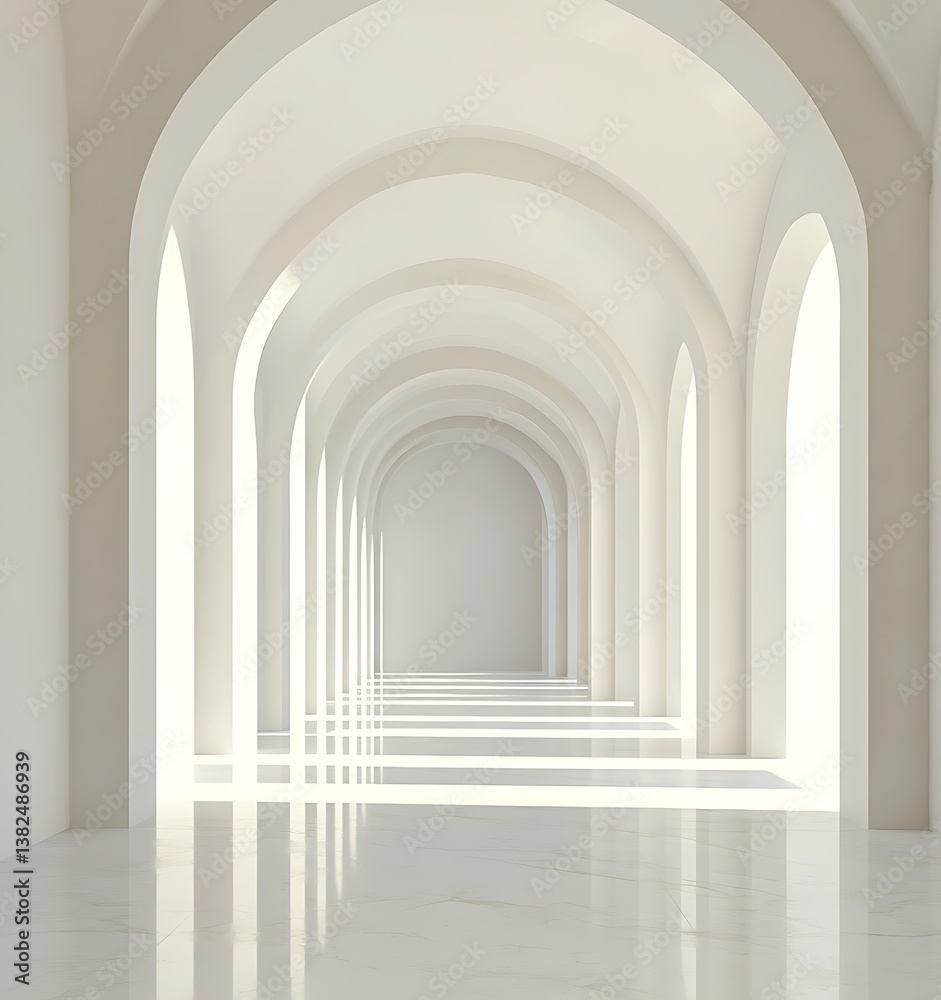 3D rendering of a white background with long arches and light coming from the window 3D rendering of a white background with long arches and light coming from the window