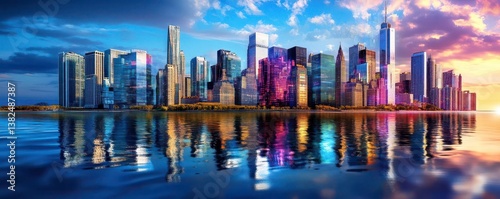 Vibrant Cityscape Reflection at Sunset - Vibrant Colors