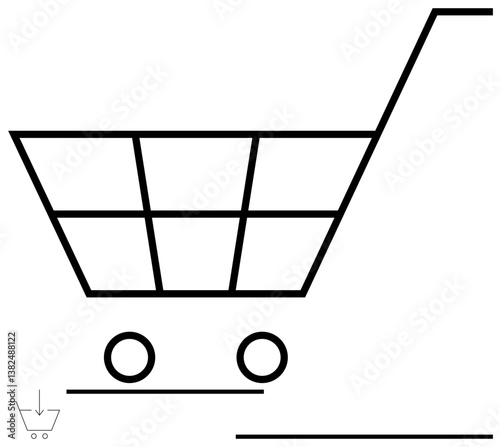 Simple outline of a shopping cart with wheels and a handle, emphasizing retail, online shopping, e-commerce, groceries, consumerism, marketplace, and trade. Flat simple metaphor