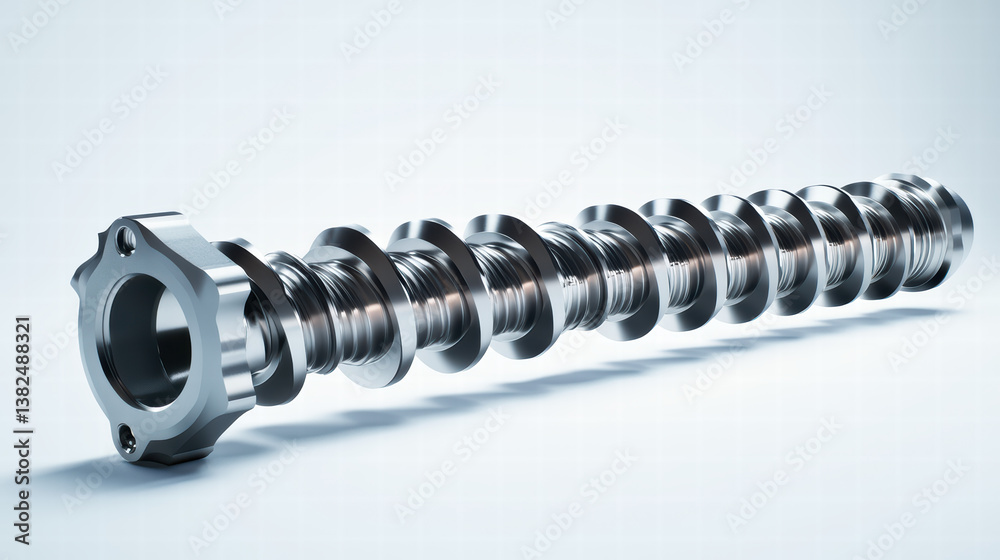 Industrial Precision: A detailed, gleaming close-up of a metallic screw conveyor, expertly capturing its spiral design, showcasing the craftsmanship and function of its robust form. Industrial Precision: A detailed, gleaming close-up of a metallic screw conveyor, expertly capturing its spiral design, showcasing the craftsmanship and function of its robust form.