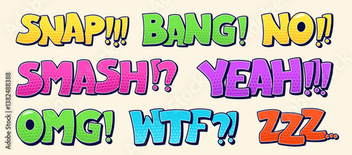 Color speech bubbles pack with worlds snap, bang, no, smash, yeah, omg, wtf, zzz.