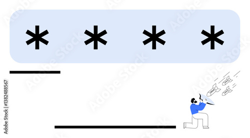 Person with shield deflecting phishing attacks while maintaining strong passwords. Ideal for cybersecurity, digital safety, online privacy, data protection, identity security, encryption, user