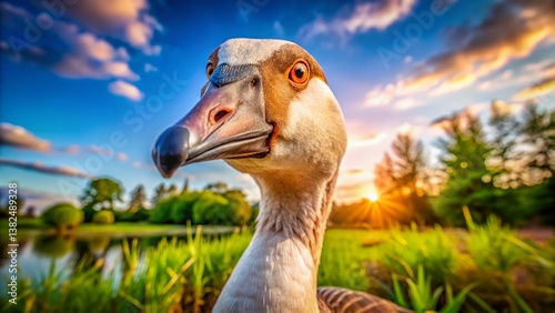 Goose in Paradise: A close-up of a goose, eyes fixed forward against a breathtaking backdrop of a pond, verdant trees and a stunning sunset.