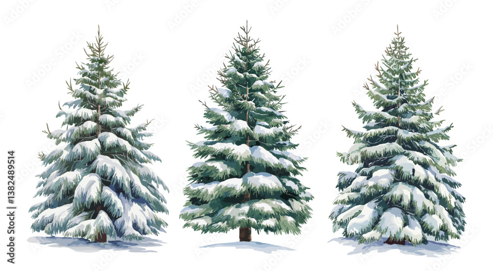 Fototapeta premium Set of Christmas tree covered by snow. Watercolor style vector illustrations